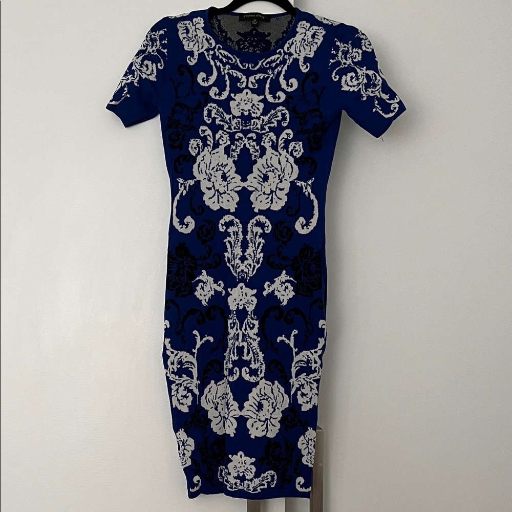 Cynthia Steffe Navy and White Baroque Midi Dress